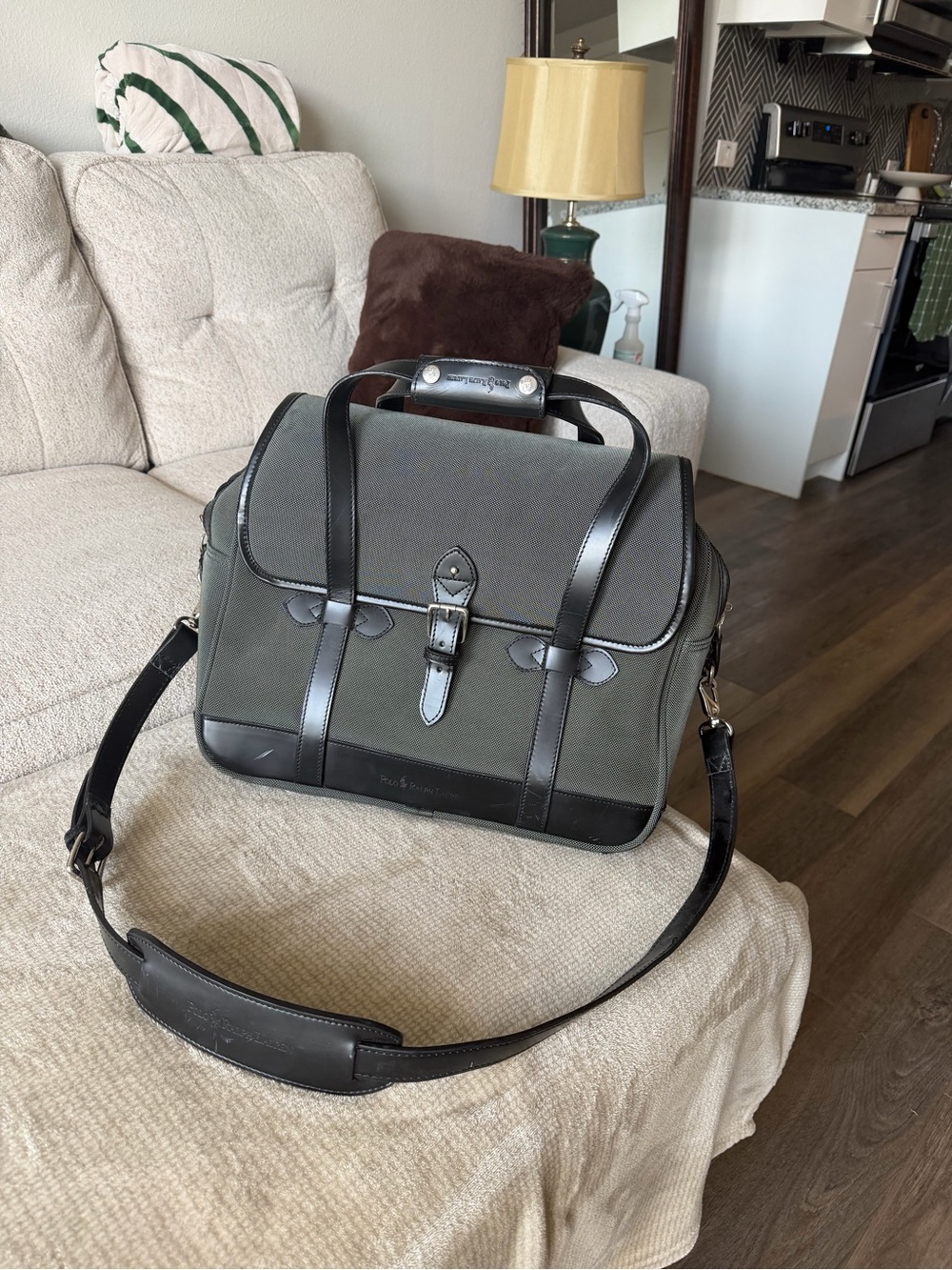 Leather-Trim Grey Canvas Messenger Bag